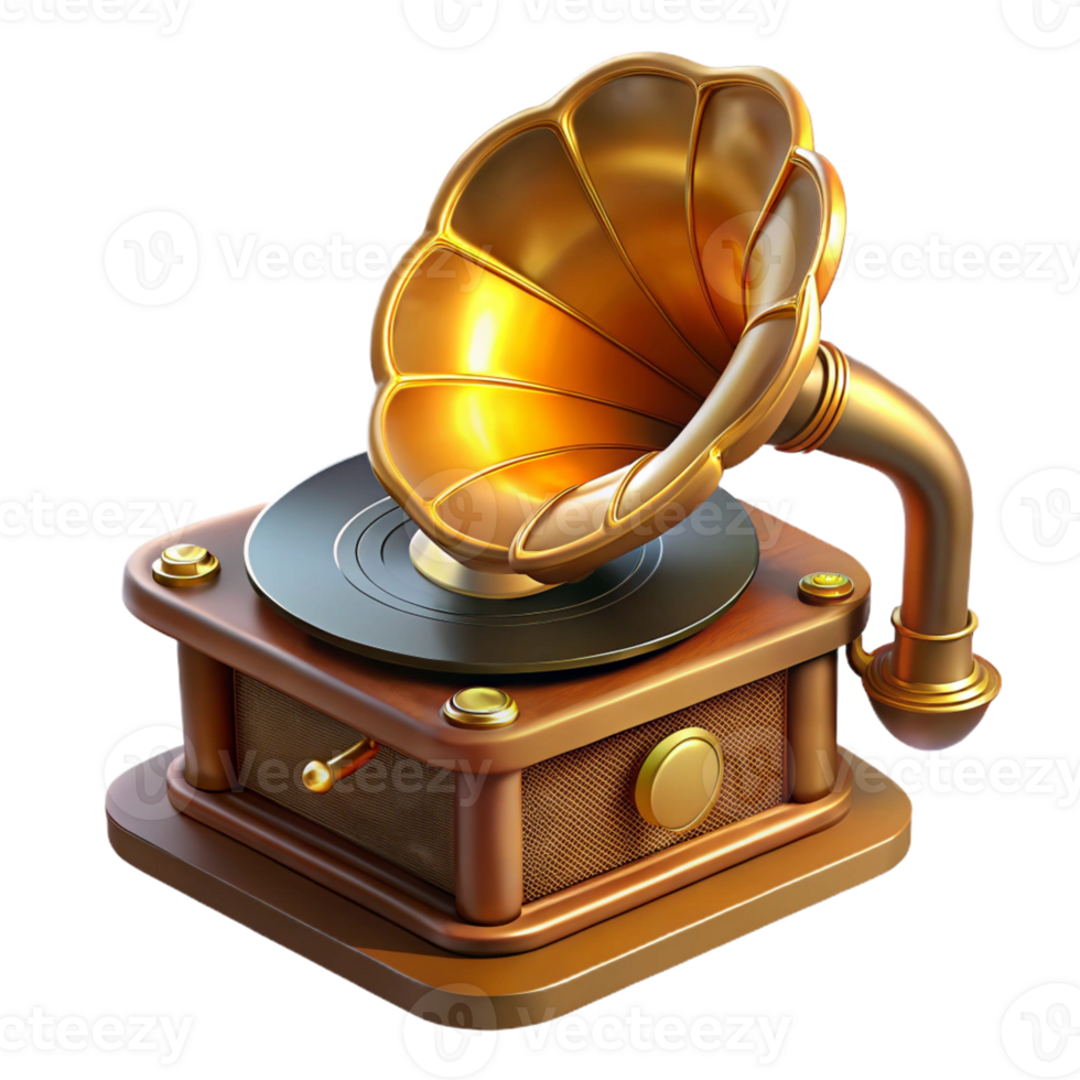 serene classic A steampunk gramophone playing a vinyl record, with intricate brass horns and a spinning turntable, lit by a warm, amber glow in a vintage, nostalgic style original png