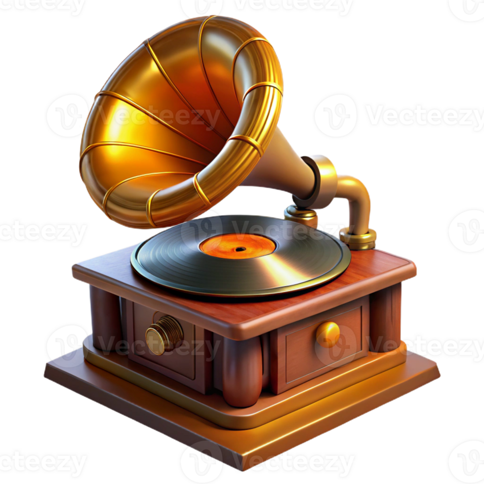 wonderful creative A steampunk gramophone playing a vinyl record, with intricate brass horns and a spinning turntable, lit by a warm, amber glow in a vintage, nostalgic style authentic png