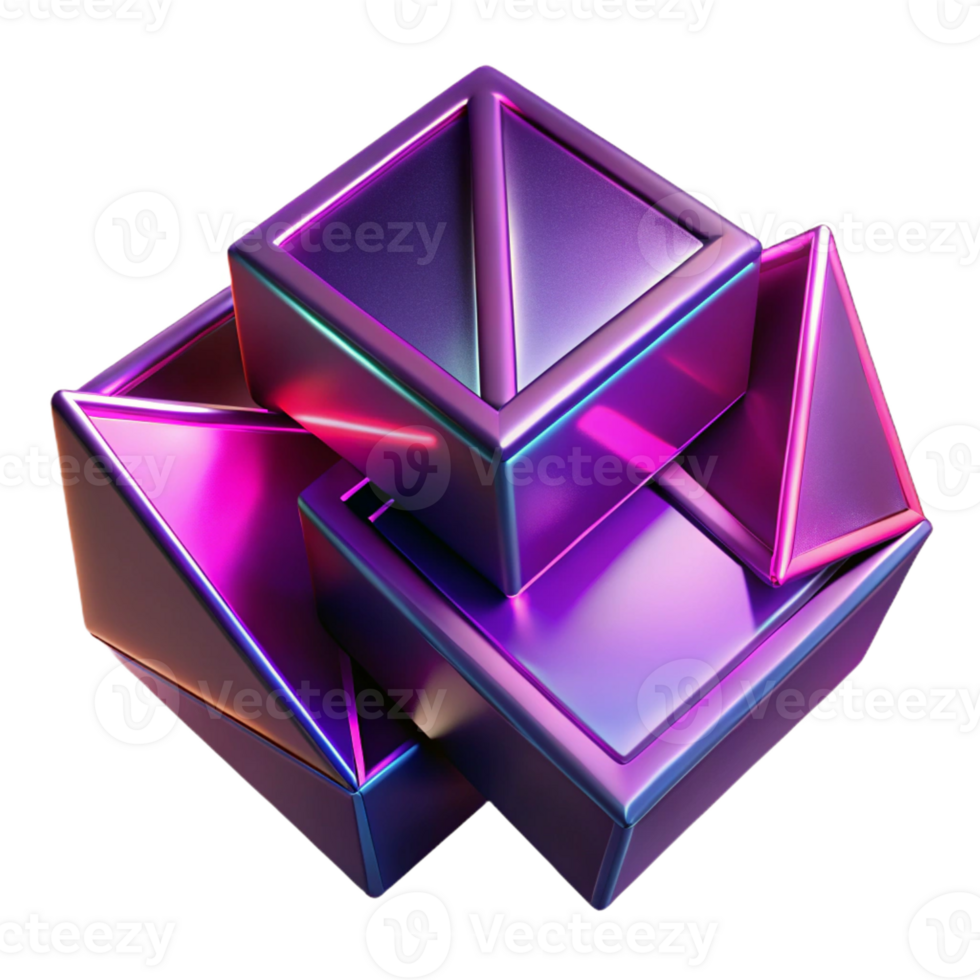 magnificent artistic Fractured geometric shapes in vibrant magenta and deep violet, with sharp, contrasting edges and neon light accents, in a Cubist style high quality png