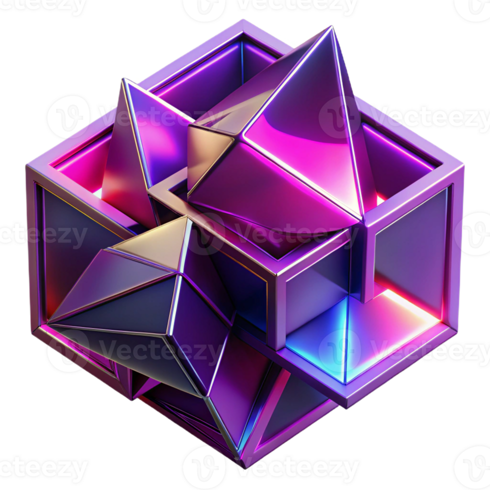extraordinary modern Fractured geometric shapes in vibrant magenta and deep violet, with sharp, contrasting edges and neon light accents, in a Cubist style genuine png