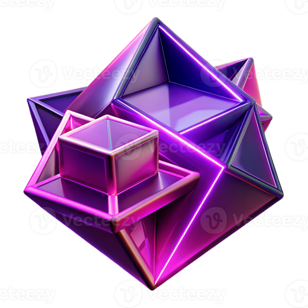 elegant modern Fractured geometric shapes in vibrant magenta and deep violet, with sharp, contrasting edges and neon light accents, in a Cubist style premium png