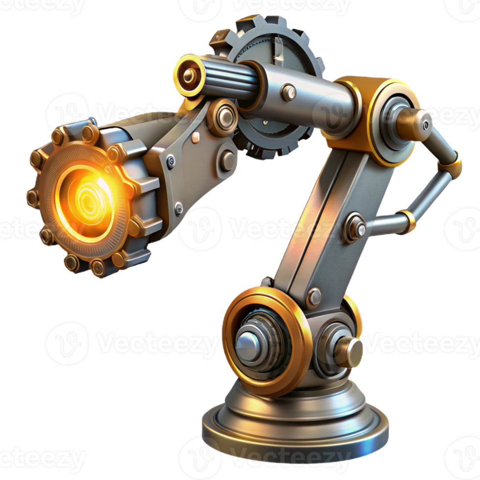 vibrant modern A steampunk robotic arm extending towards the viewer, with intricate gears and pistons, lit by a dynamic, spotlight effect in a cyberpunk style high resolution png