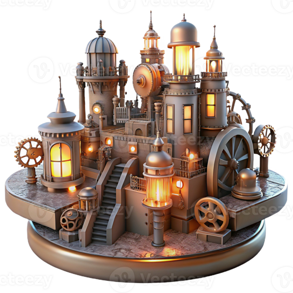 impressive artistic A steampunk cityscape built from gears, cogs, and pipes, stretching towards the horizon, illuminated by the warm glow of gaslights in a detailed, panoramic style 4K png