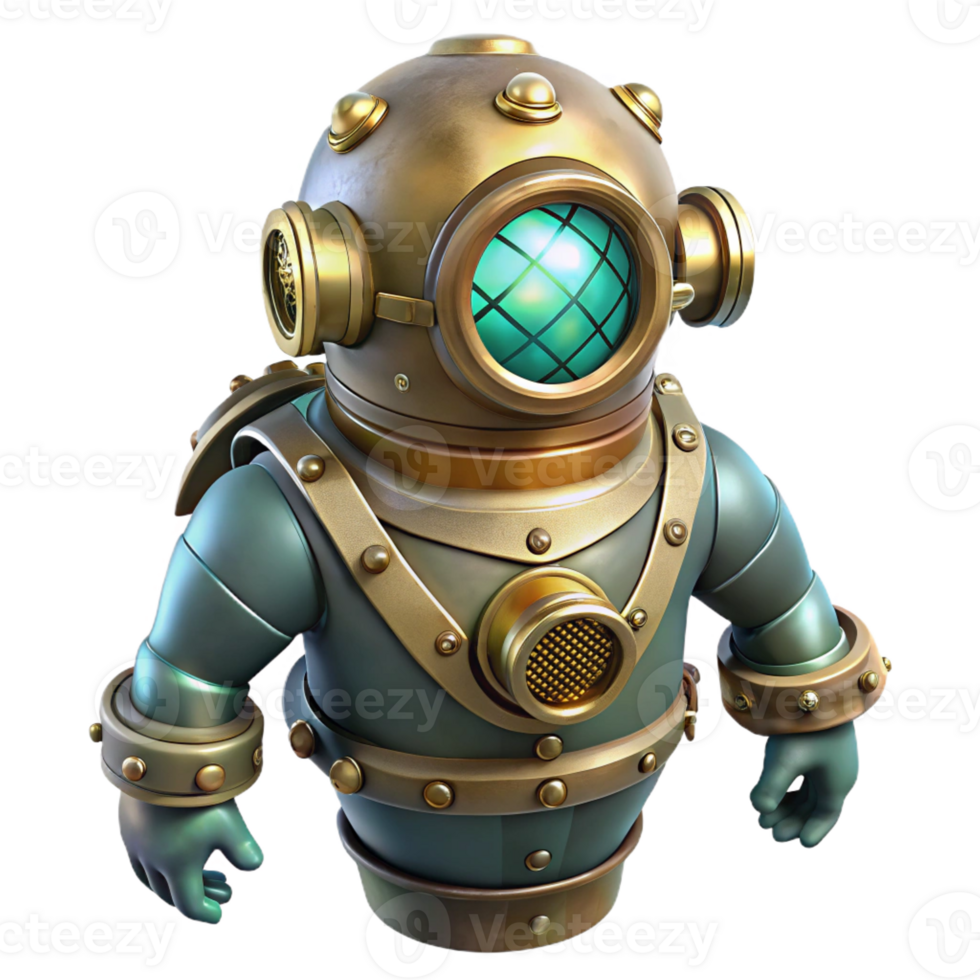 wonderful modern A steampunk diving suit with intricate brass helmets and riveted joints, descending into a murky underwater scene, lit by a cool, underwater glow in a realistic style detailed png