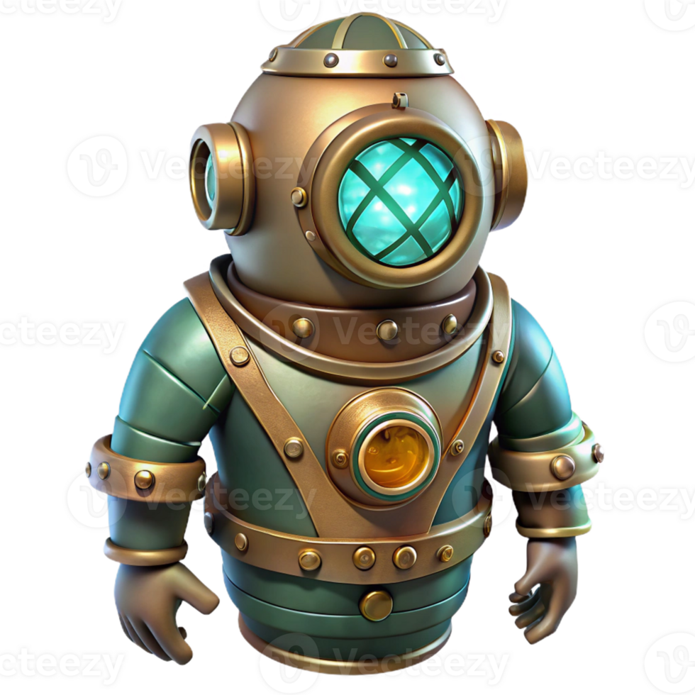 wonderful creative A steampunk diving suit with intricate brass helmets and riveted joints, descending into a murky underwater scene, lit by a cool, underwater glow in a realistic style 4K png