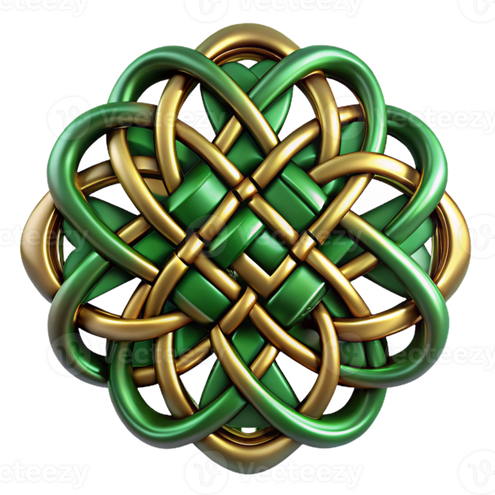 dramatic minimalist An intricate pattern of interwoven Celtic knots in emerald green and gold, with a subtle metallic sheen and soft, diffused lighting, in a Celtic Art style professional png