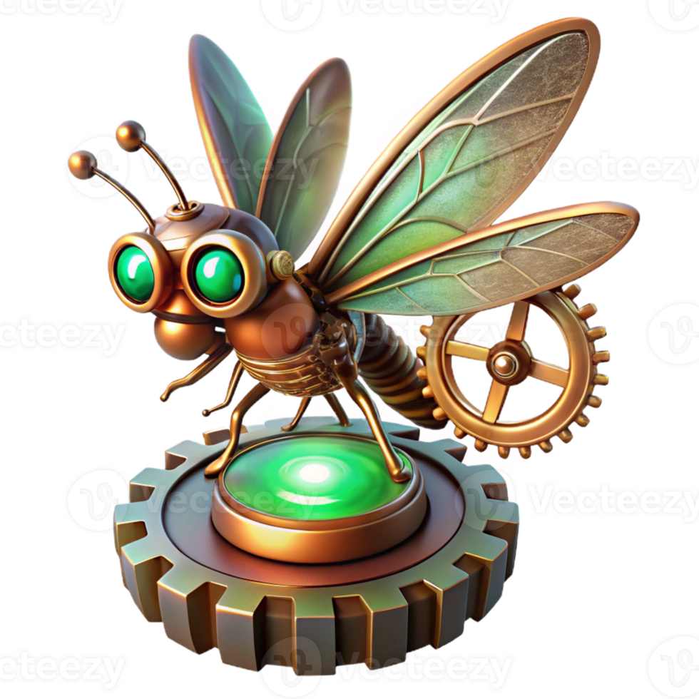 magnificent artistic A steampunk dragonfly automaton with delicate brass wings and glowing emerald eyes, hovering over a gear-filled landscape, lit by a soft, magical glow in a fantasy art style 4K png
