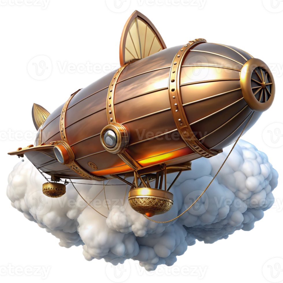 wonderful rustic A steampunk airship soaring through a cloud-filled sky, its brass and copper hull gleaming in the sunlight, intricate gears and propellers visible, digital art genuine png