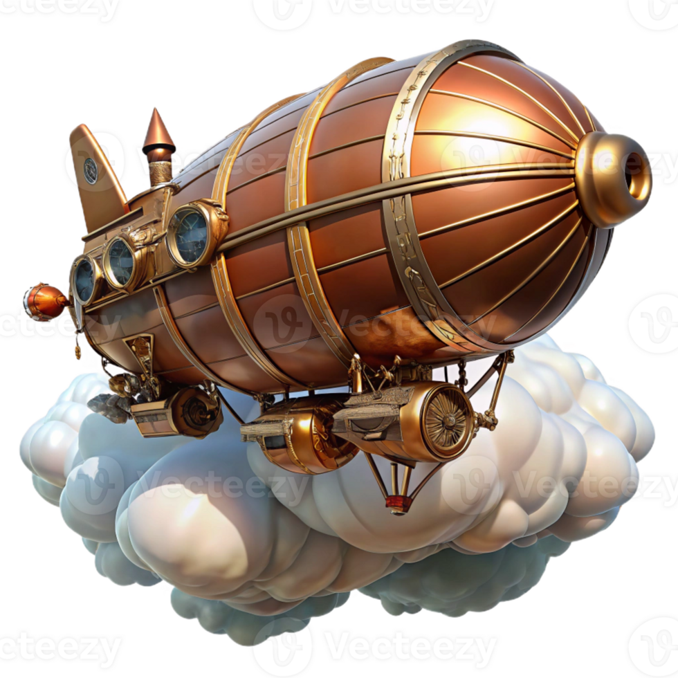 vibrant contemporary A steampunk airship soaring through a cloud-filled sky, its brass and copper hull gleaming in the sunlight, intricate gears and propellers visible, digital art authentic png