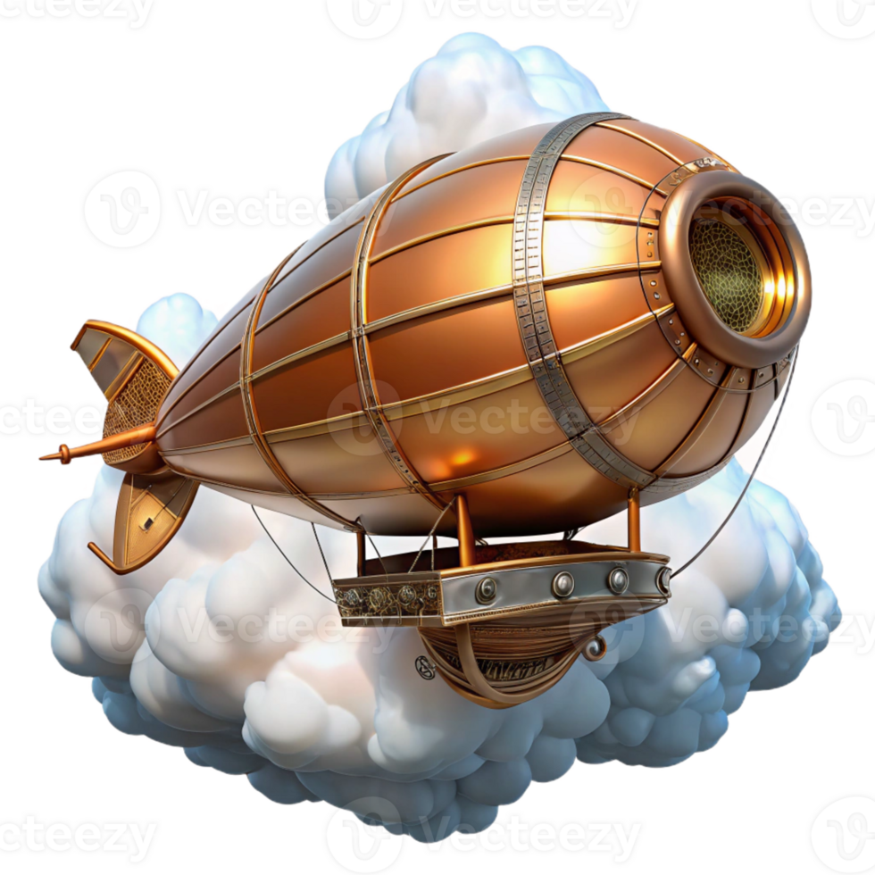 magnificent contemporary A steampunk airship soaring through a cloud-filled sky, its brass and copper hull gleaming in the sunlight, intricate gears and propellers visible, digital art 4K png