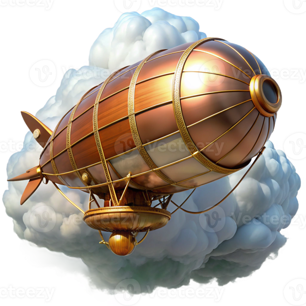 impressive creative A steampunk airship soaring through a cloud-filled sky, its brass and copper hull gleaming in the sunlight, intricate gears and propellers visible, digital art original png