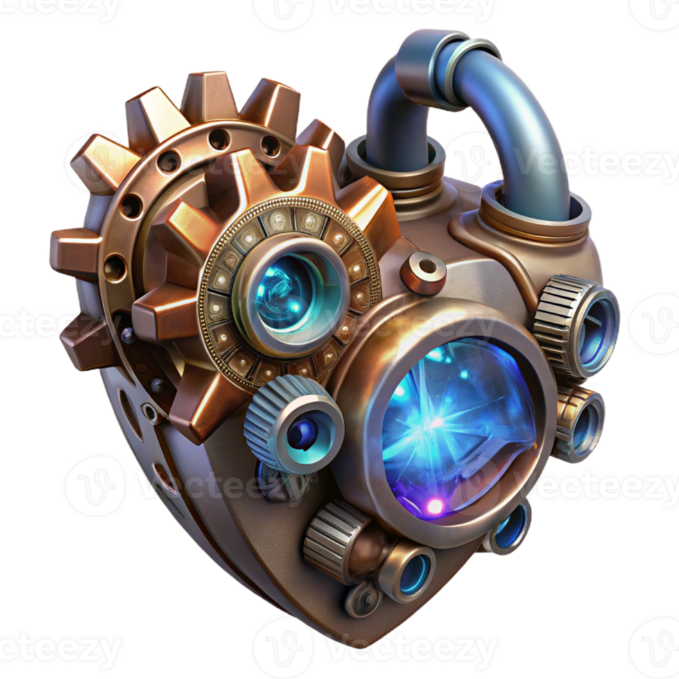 serene contemporary A steampunk mechanical heart intricately crafted from gears, pipes, and glowing crystals, illuminated by a soft, internal light, highly detailed, digital painting original png