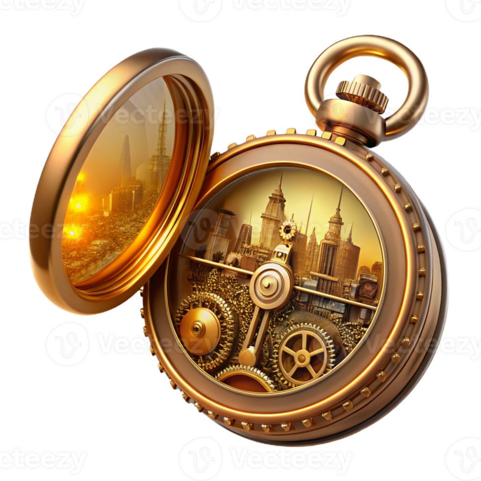 magnificent vintage A steampunk pocket watch with intricate gears and Roman numerals, its cover open to reveal a miniature cityscape within, lit by a warm, golden light, digital art authentic png