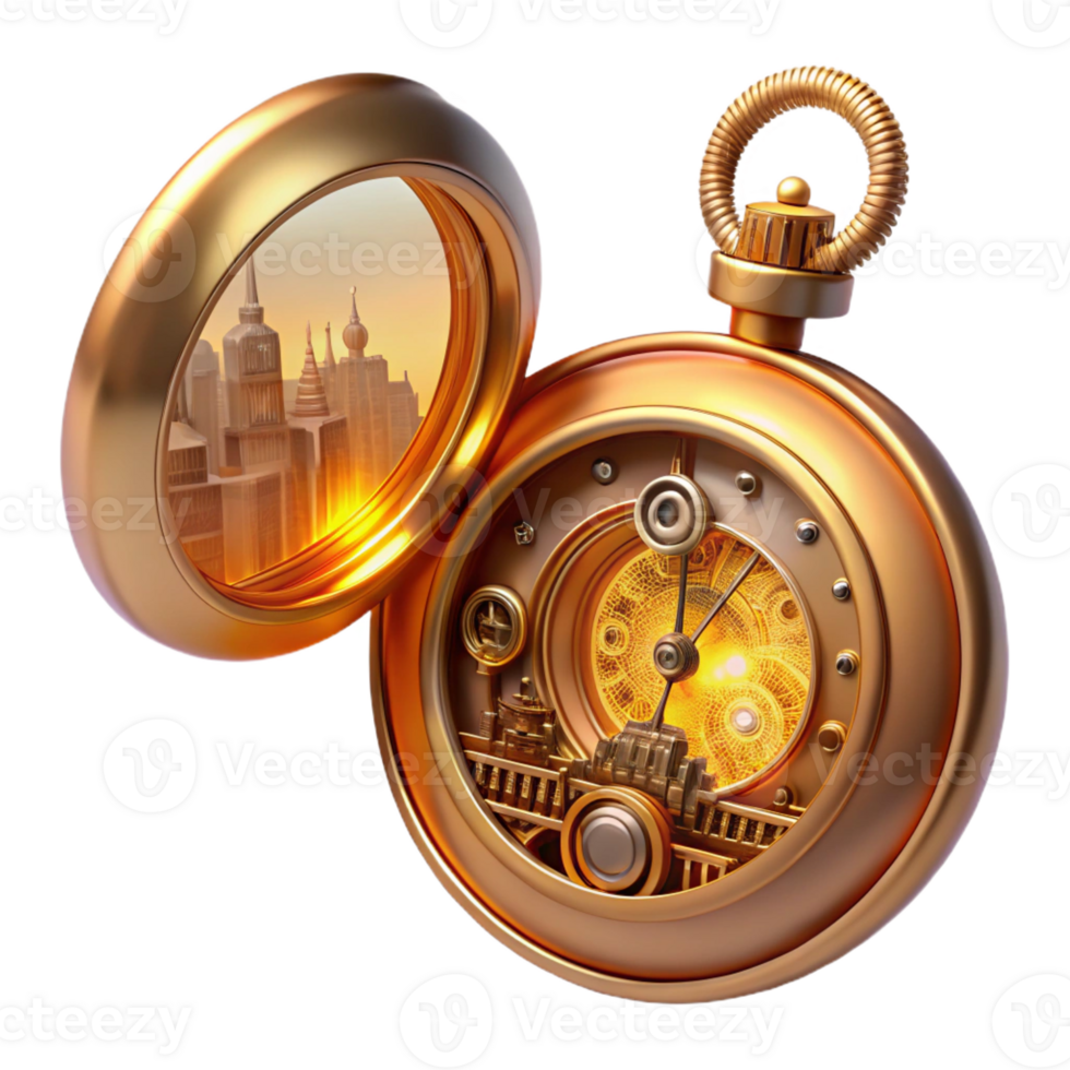 elegant traditional A steampunk pocket watch with intricate gears and Roman numerals, its cover open to reveal a miniature cityscape within, lit by a warm, golden light, digital art exclusive png