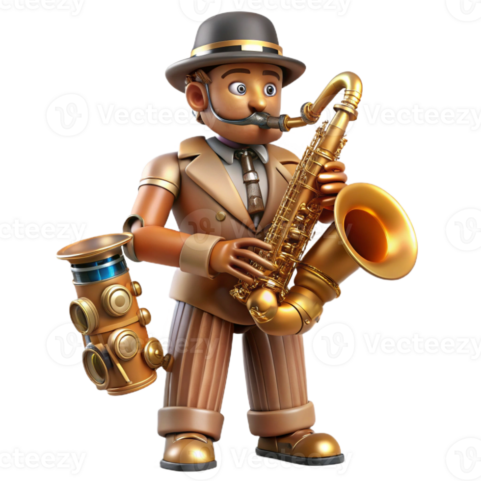wonderful modern A steampunk automaton musician playing a brass saxophone, its body made of polished wood and intricate clockwork, illuminated by stage spotlights, digital painting original png