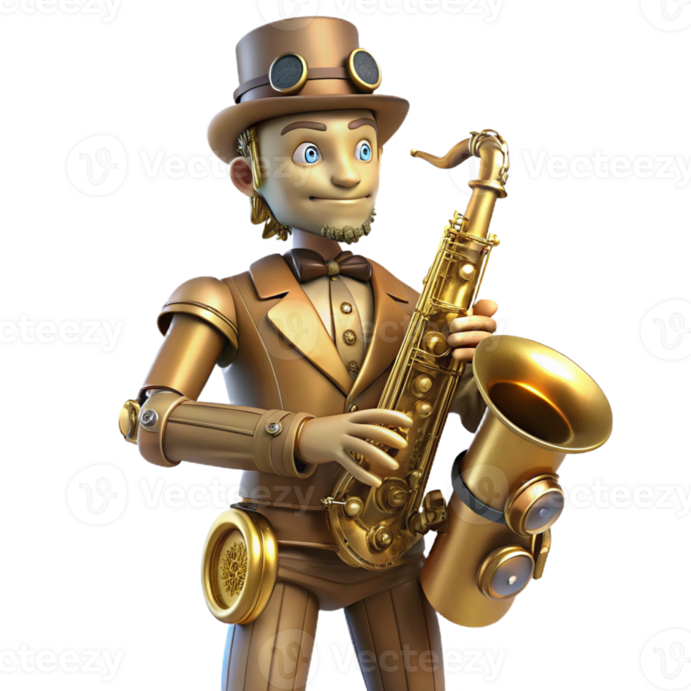 serene modern A steampunk automaton musician playing a brass saxophone, its body made of polished wood and intricate clockwork, illuminated by stage spotlights, digital painting exclusive png