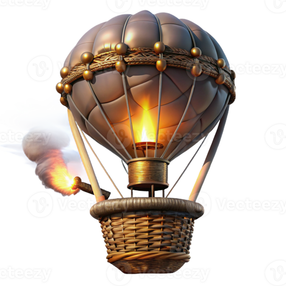 dramatic traditional A steampunk hot air balloon with a woven wicker basket and intricate brass burners, floating against a twilight sky, digital painting detailed png