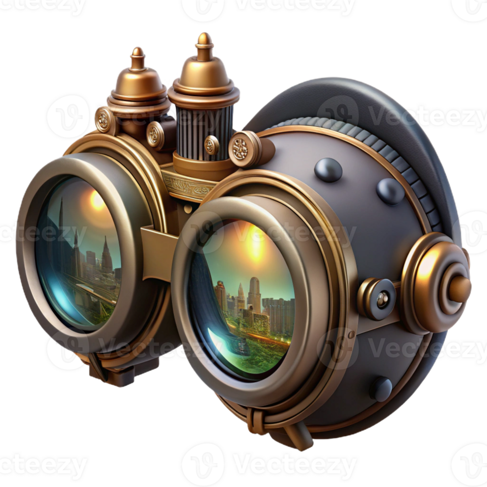 serene minimalist A steampunk goggles with intricate lenses and filigree designs, reflecting a cityscape in miniature, lit by a soft, ambient light, highly detailed, digital art original png