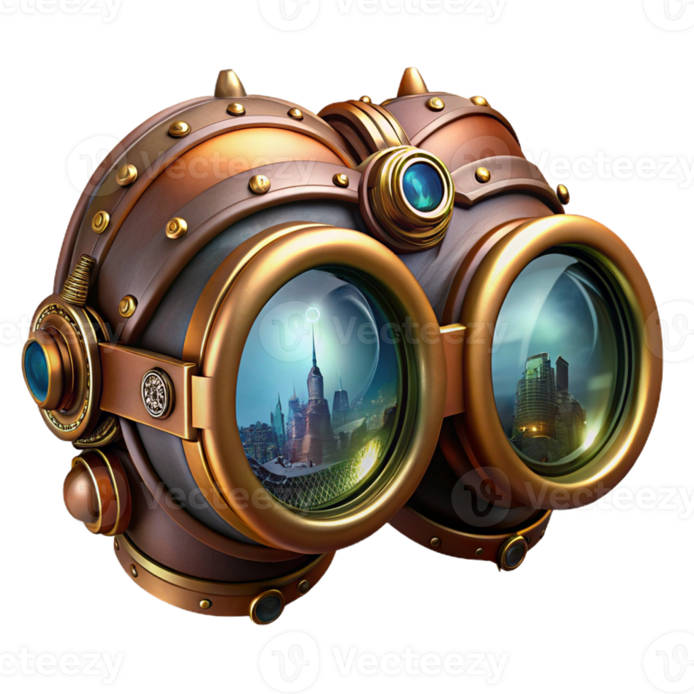 dramatic artistic A steampunk goggles with intricate lenses and filigree designs, reflecting a cityscape in miniature, lit by a soft, ambient light, highly detailed, digital art exclusive png