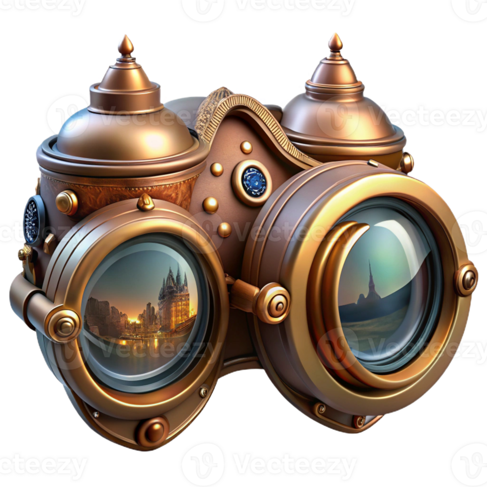 impressive artistic A steampunk goggles with intricate lenses and filigree designs, reflecting a cityscape in miniature, lit by a soft, ambient light, highly detailed, digital art high resolution png