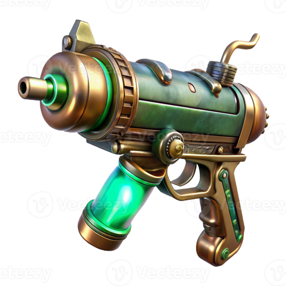 dramatic classic A steampunk ray gun with intricate copper and brass details, emitting a faint, green glow, digital painting original png