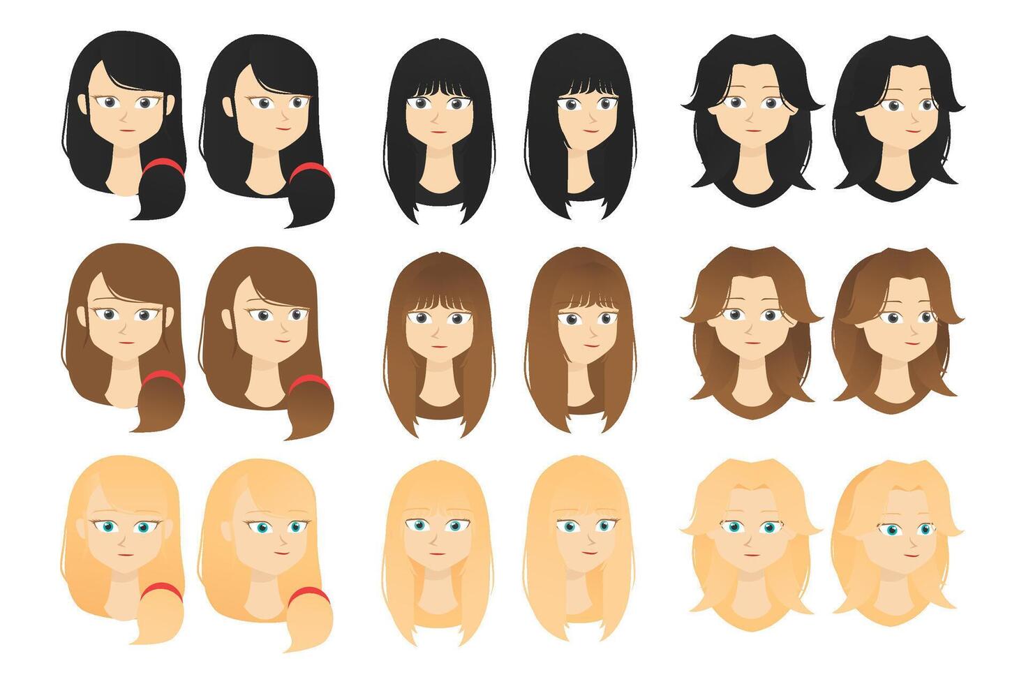 Flat character female hairstyle in various color and style of long hair with front and side view perfect for asset design free art illustration template idea vector
