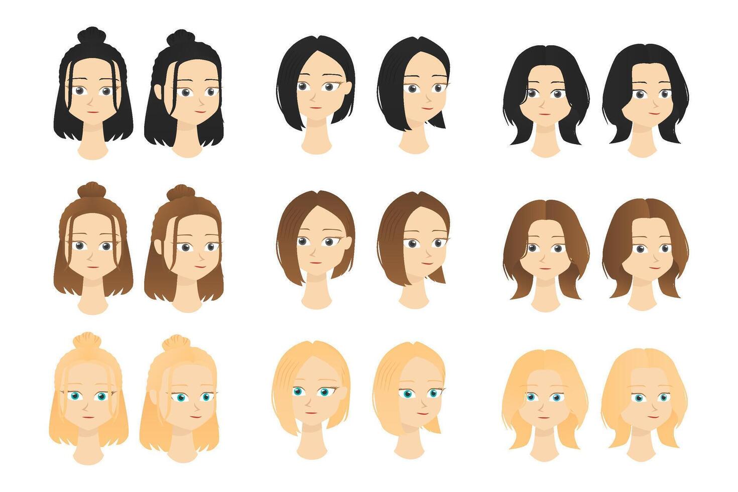 Flat character female hairstyle in various color and style short hair with bun wolf cut with front and side view perfect for asset design template idea vector
