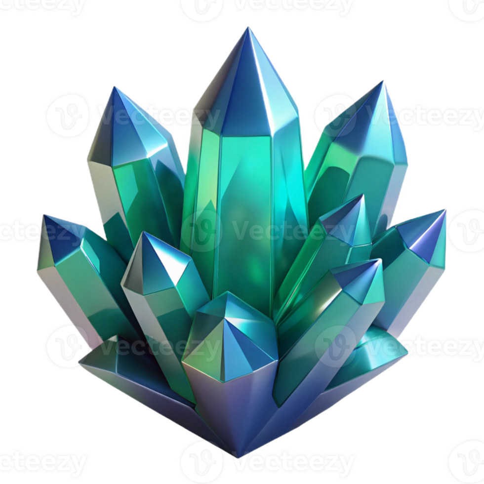 elegant traditional A cluster of crystalline structures in shades of emerald and sapphire, with sharp facets and sparkling refracted light, in a Geometric Abstraction style high quality png