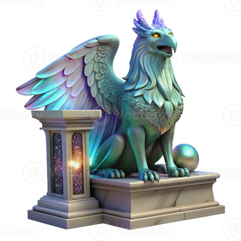 wonderful artistic A majestic griffin with iridescent feathers, perched atop a crumbling marble altar bathed in ethereal moonlight. Its eyes glow with an inner fire. Art Nouveau style high resolution png