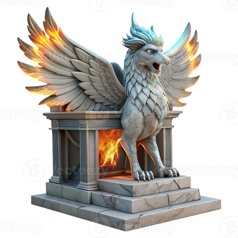 extraordinary creative A majestic griffin with iridescent feathers, perched atop a crumbling marble altar bathed in ethereal moonlight. Its eyes glow with an inner fire. Art Nouveau style authentic png