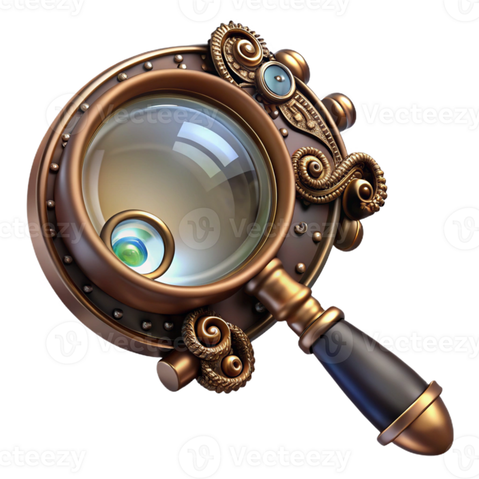 impressive abstract A steampunk monocle with a magnifying glass and intricate filigree design, reflecting a hidden message, lit by a soft, ambient light, highly detailed, digital art high resolution png