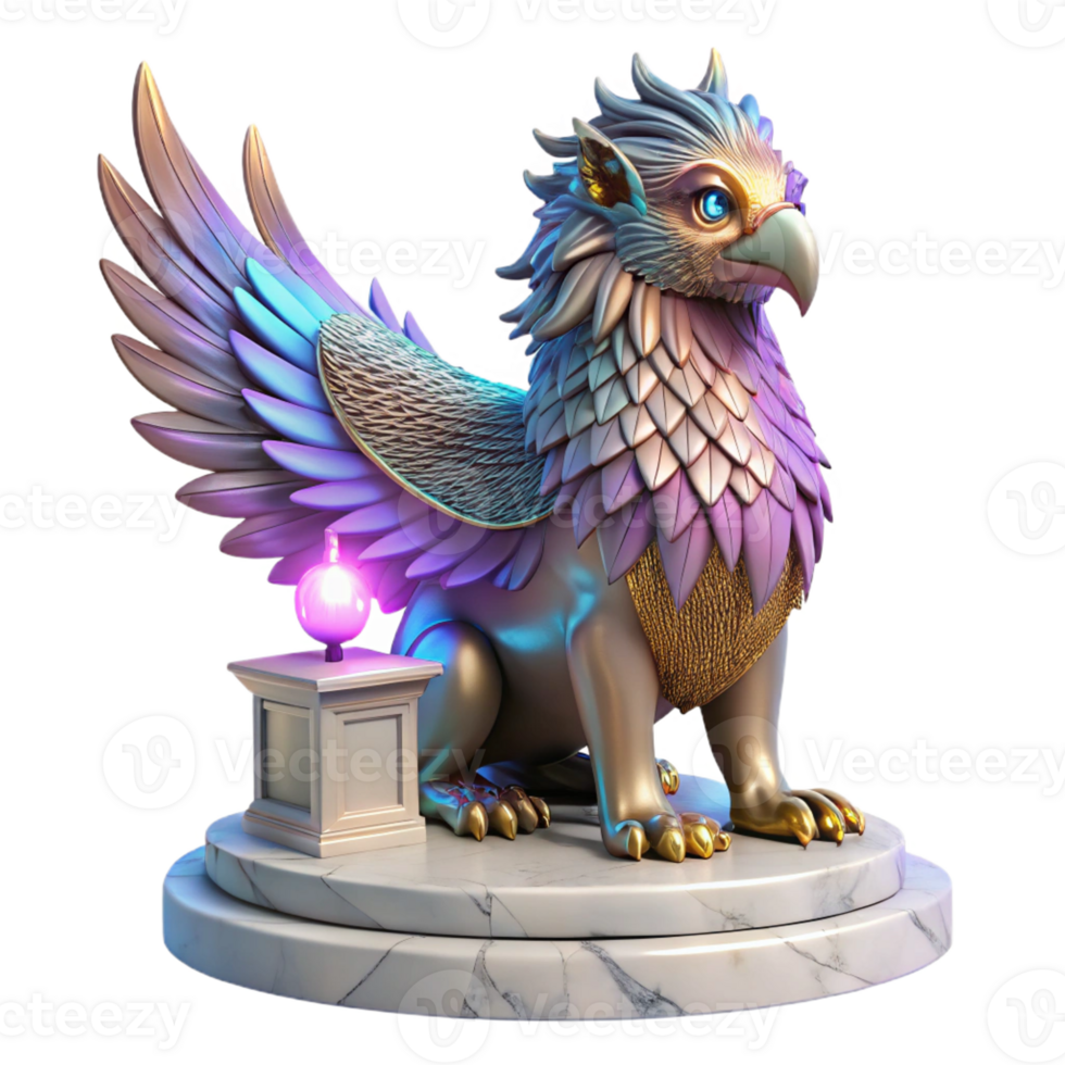 stunning classic A majestic griffin with iridescent feathers, perched atop a crumbling marble altar bathed in ethereal moonlight. Its eyes glow with an inner fire. Art Nouveau style authentic png