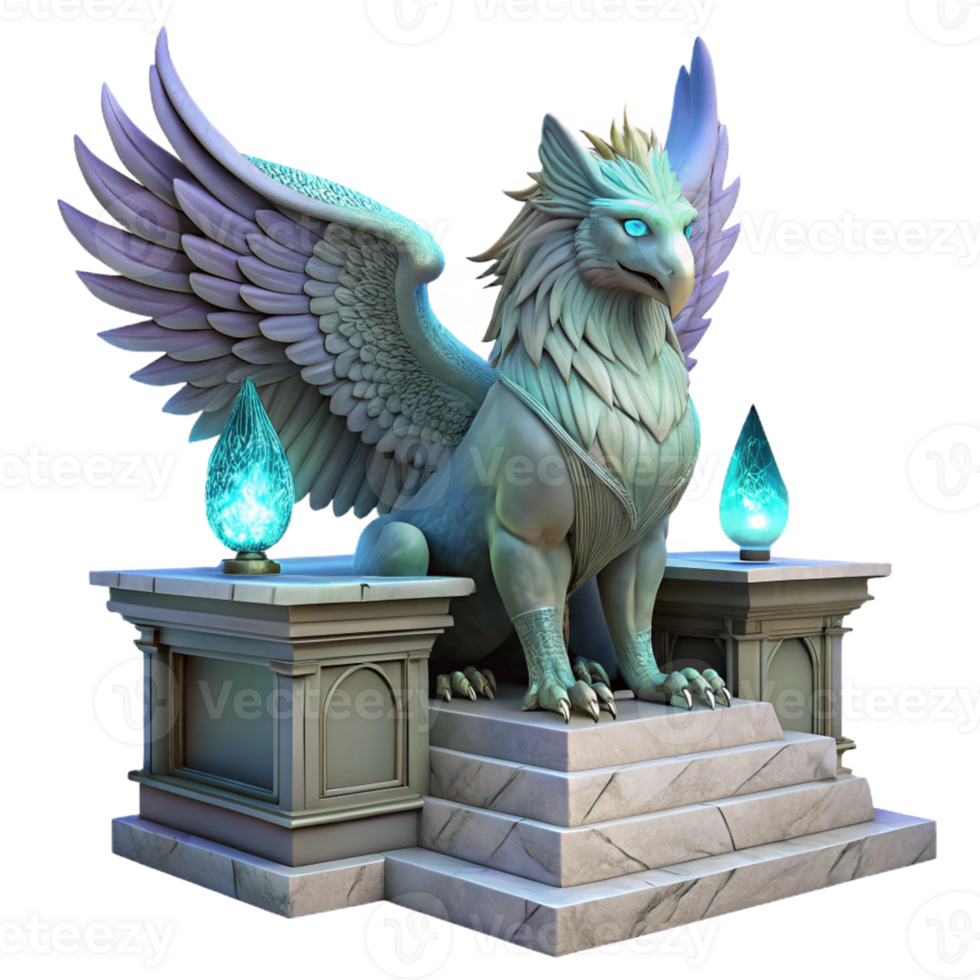 elegant vintage A majestic griffin with iridescent feathers, perched atop a crumbling marble altar bathed in ethereal moonlight. Its eyes glow with an inner fire. Art Nouveau style professional png