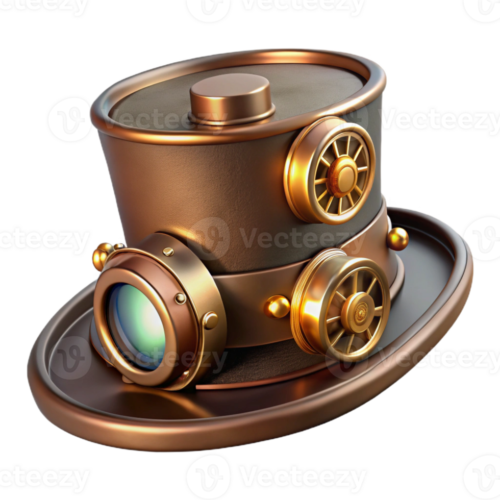 impressive minimalist A steampunk top hat with intricate gears and goggles attached, adorned with brass and copper accents, illuminated by a warm, overhead light, digital painting authentic png