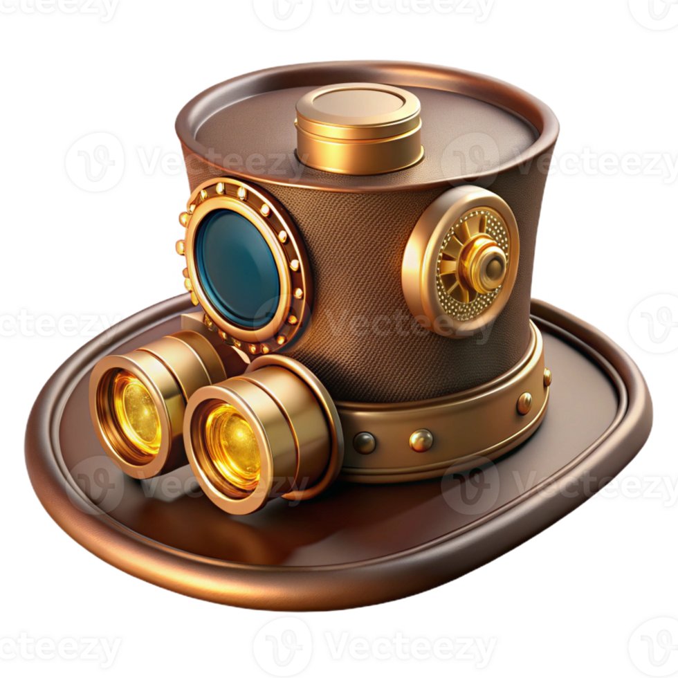 magnificent vintage A steampunk top hat with intricate gears and goggles attached, adorned with brass and copper accents, illuminated by a warm, overhead light, digital painting premium png