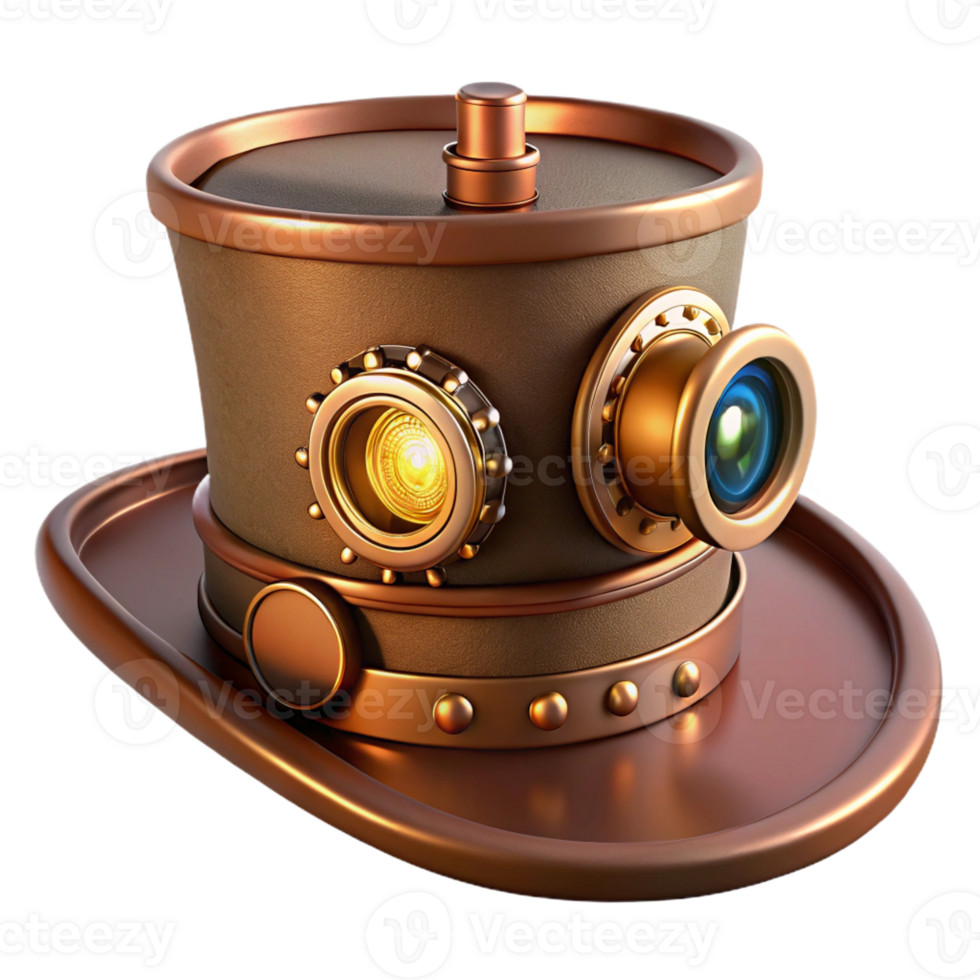elegant modern A steampunk top hat with intricate gears and goggles attached, adorned with brass and copper accents, illuminated by a warm, overhead light, digital painting detailed png