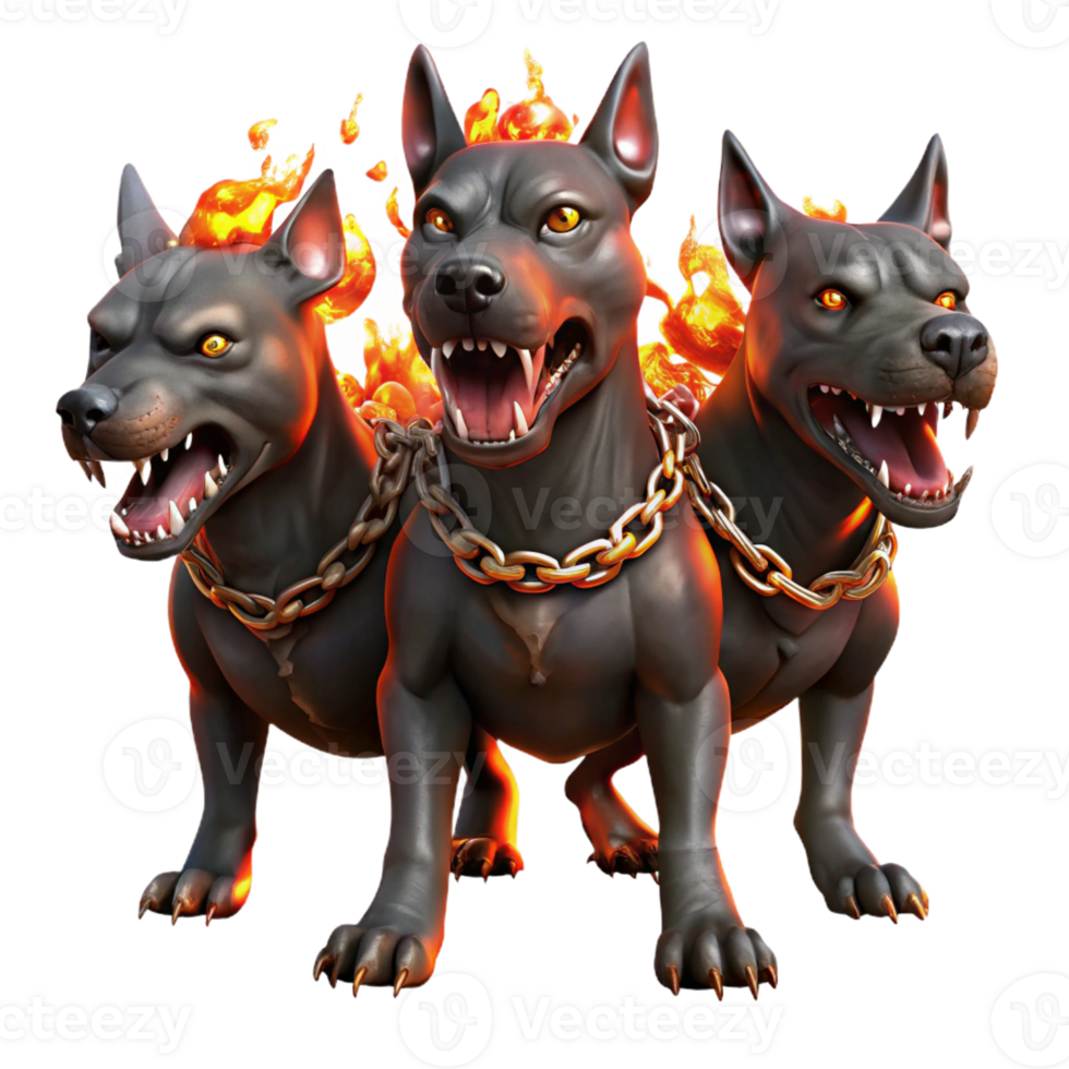 extraordinary rustic A three-headed Cerberus, each head a distinct breed of canine, chained to a fiery gate with glowing embers. Dramatic chiaroscuro lighting. Digital painting style authentic png