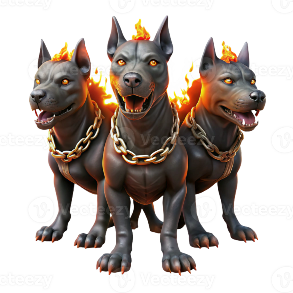 elegant modern A three-headed Cerberus, each head a distinct breed of canine, chained to a fiery gate with glowing embers. Dramatic chiaroscuro lighting. Digital painting style high quality png