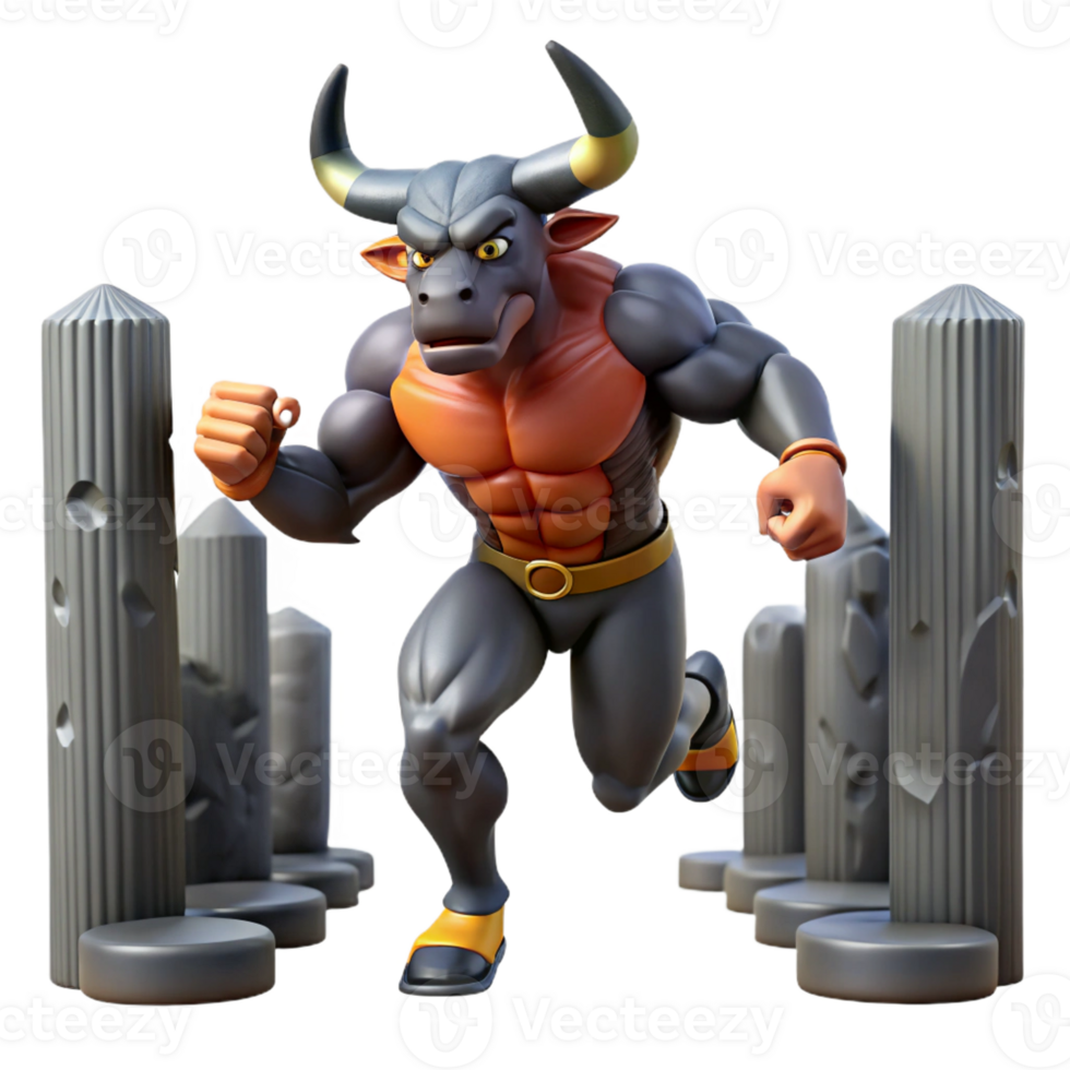 stunning contemporary A powerful minotaur, half-man, half-bull, charging through a labyrinth of obsidian pillars. Dynamic, motion-blurred lighting. Comic book style high quality png