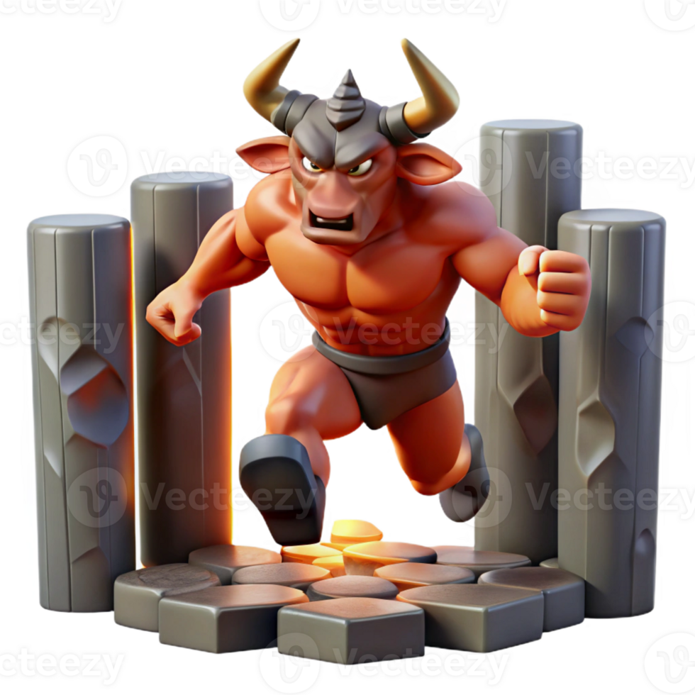 impressive contemporary A powerful minotaur, half-man, half-bull, charging through a labyrinth of obsidian pillars. Dynamic, motion-blurred lighting. Comic book style high resolution png