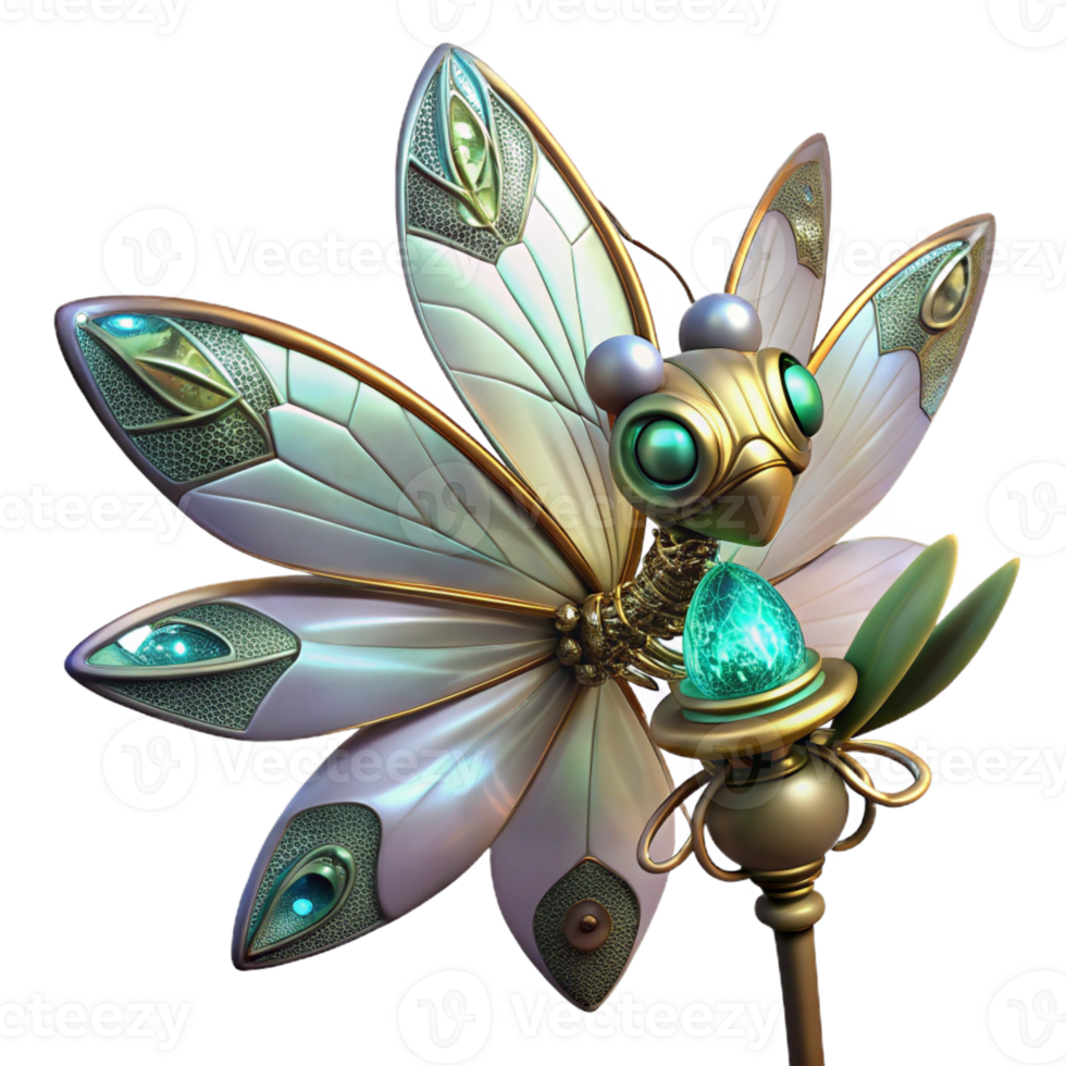 serene classic A steampunk dragonfly with delicate metal wings and glowing crystal eyes, perched on a gear-laden flower, illuminated by a soft, ethereal light, digital painting original png