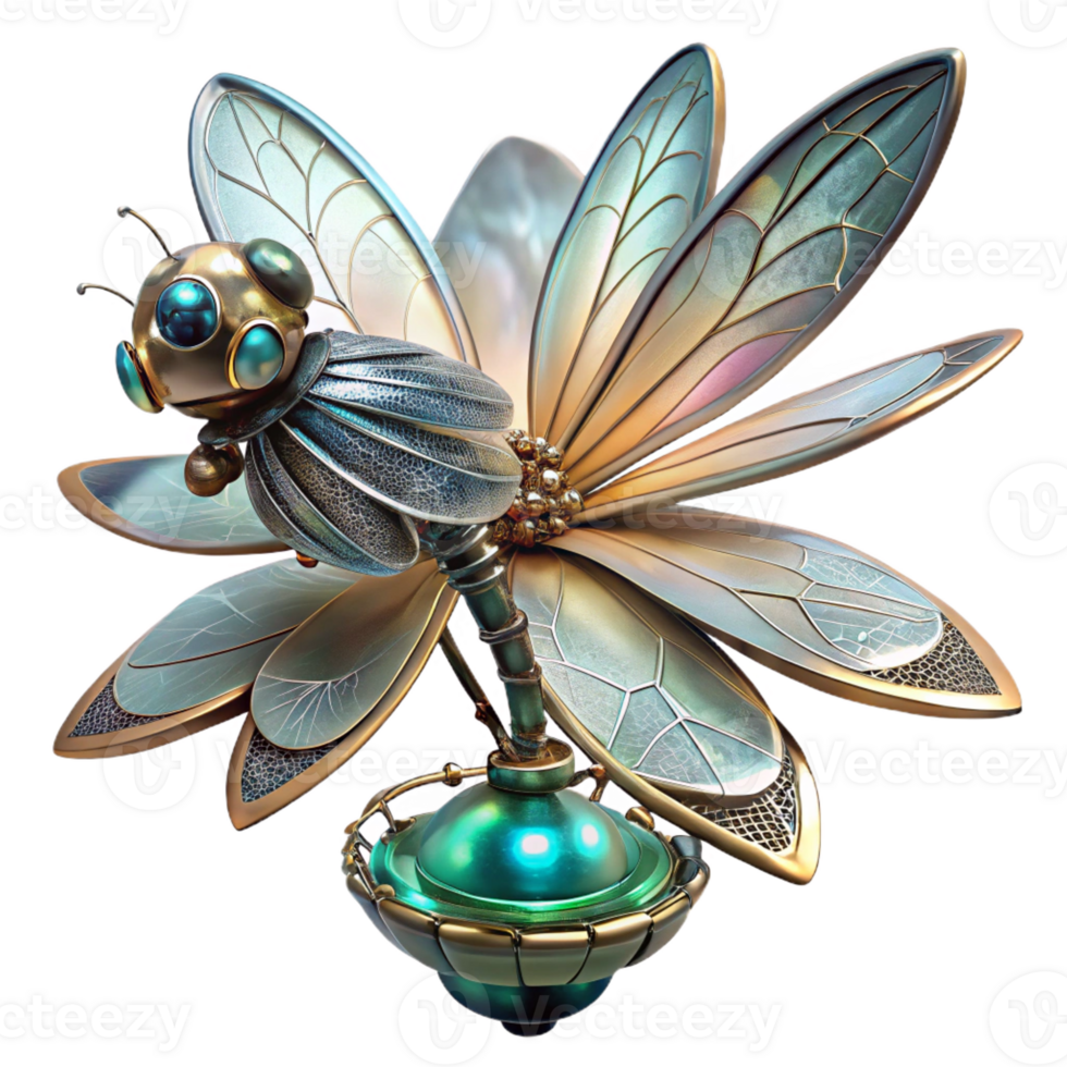 extraordinary vintage A steampunk dragonfly with delicate metal wings and glowing crystal eyes, perched on a gear-laden flower, illuminated by a soft, ethereal light, digital painting exclusive png