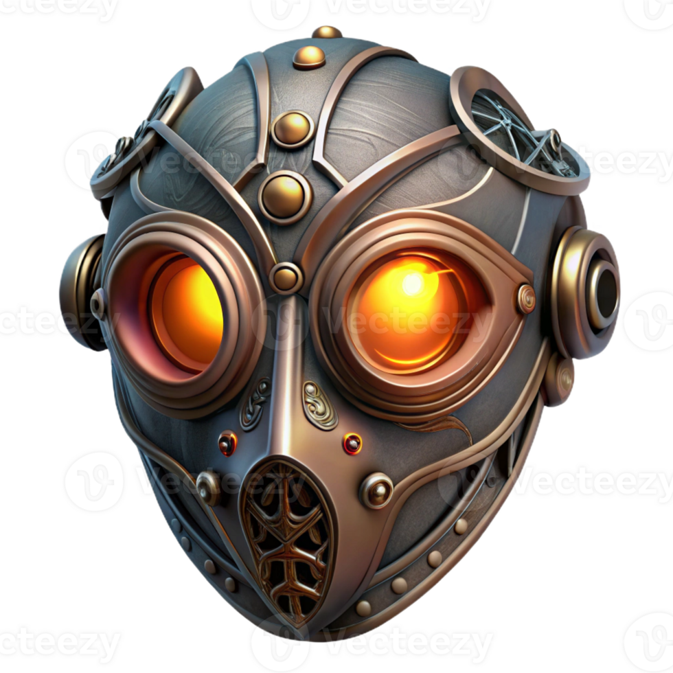 elegant modern A steampunk mask with intricate filigree designs and glowing lenses, concealing the wearer's identity, lit by a cool, mysterious light, highly detailed, digital art high resolution png