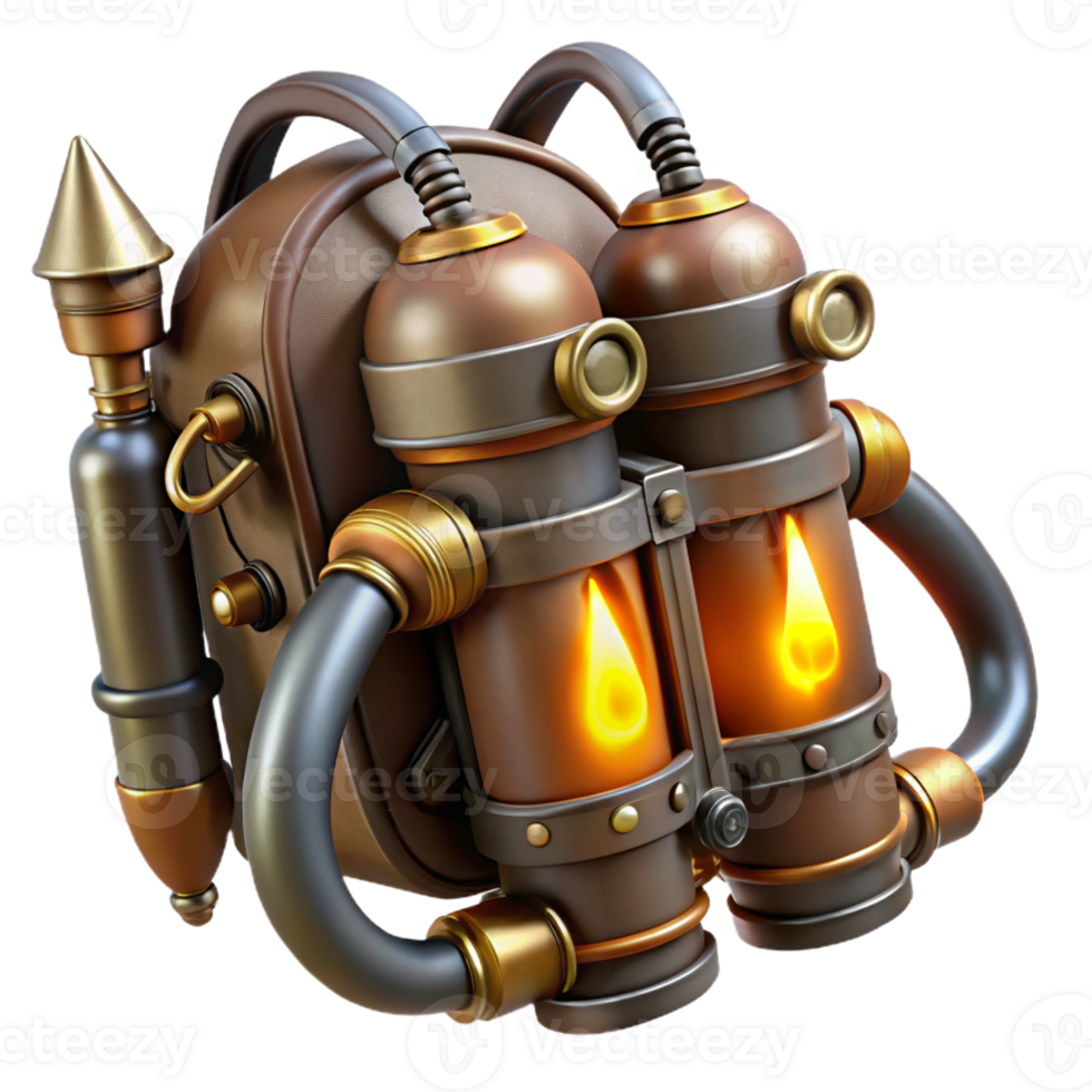 impressive rustic A steampunk jetpack with intricate brass nozzles and leather straps, emitting a faint, orange glow, digital painting high resolution png