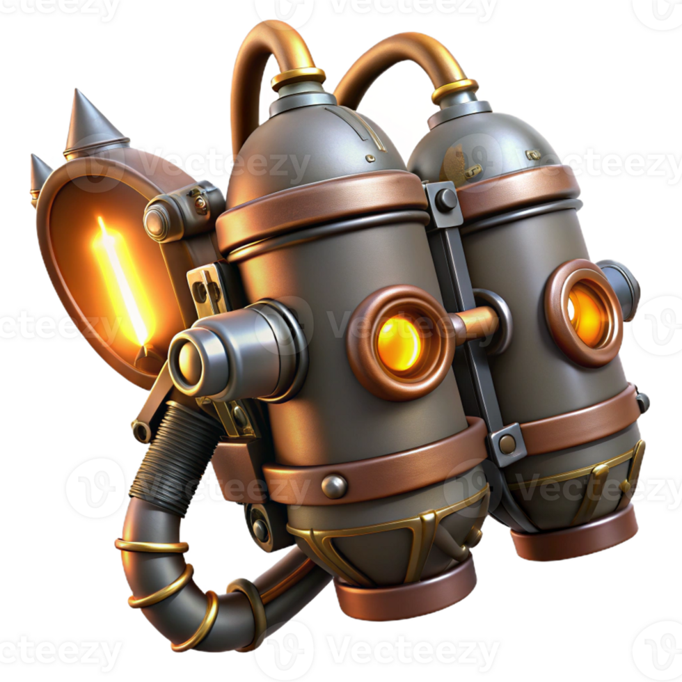 dramatic rustic A steampunk jetpack with intricate brass nozzles and leather straps, emitting a faint, orange glow, digital painting premium png