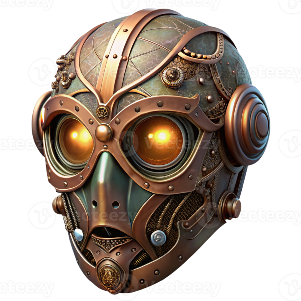 dramatic minimalist A steampunk mask with intricate filigree designs and glowing lenses, concealing the wearer's identity, lit by a cool, mysterious light, highly detailed, digital art 4K png