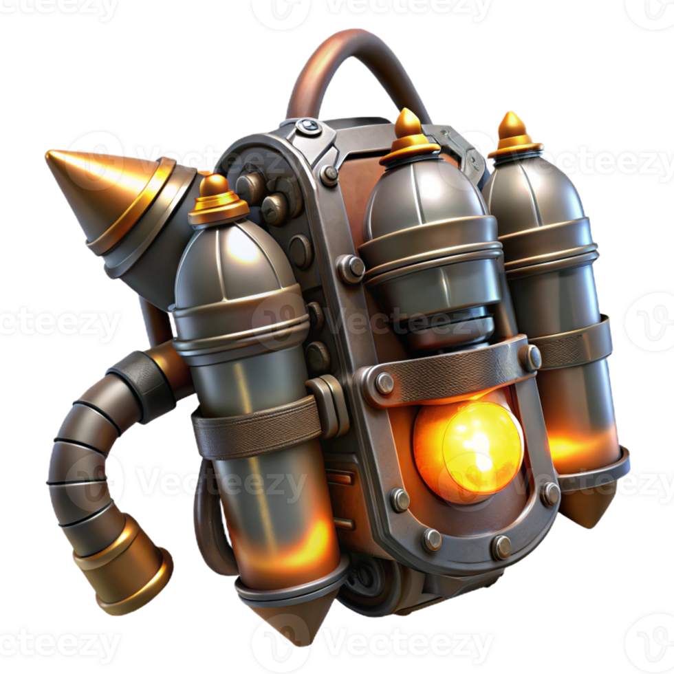 vibrant minimalist A steampunk jetpack with intricate brass nozzles and leather straps, emitting a faint, orange glow, digital painting high resolution png
