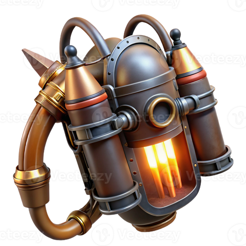 extraordinary traditional A steampunk jetpack with intricate brass nozzles and leather straps, emitting a faint, orange glow, digital painting authentic png