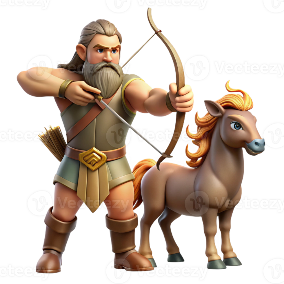 impressive artistic A wise centaur, with a long, flowing beard and intricate tribal tattoos, teaching archery to a young human. Warm, golden hour lighting. Realistic style 4K png