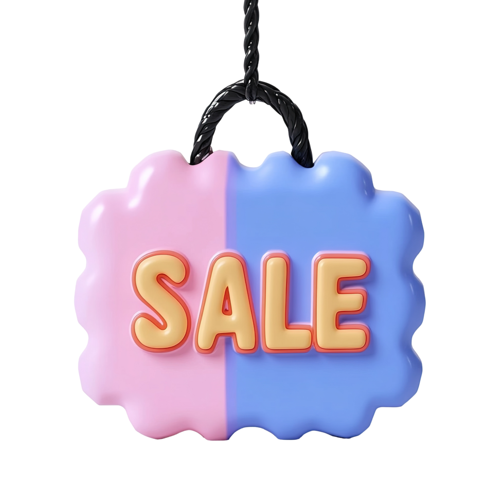 A colorful sale tag is hanging from a black rope png